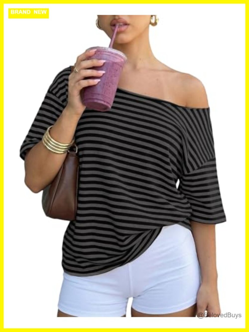 Women Oversized Off Shoulder Striped Short Sleeve Tee Y2K Aesthetic Clean Fit